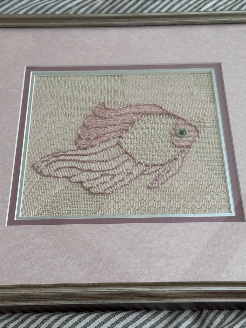 Vintage Pink Fish Needlepoint Embroidery Framed Textile Fiber Art Coastal 12”